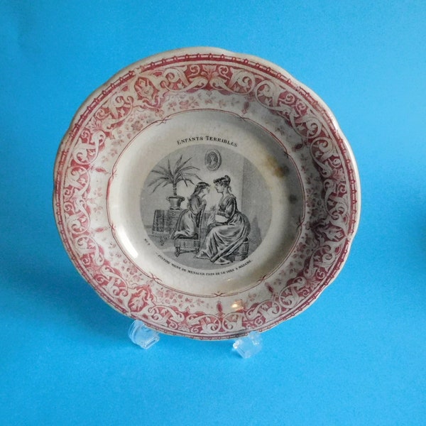 Antique, French, Creel et Montereau,Tea stained and Crazed, Pink Talking Plate,"Enfants Terrible" Circa 1900