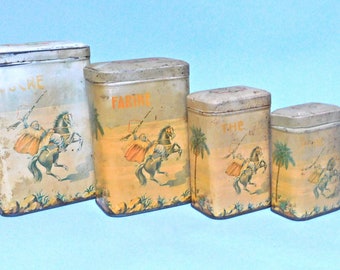 French Antique  Kitchen Canisters with Lawrence of Arabia Art. Set of 4 Litho Tin Boxes with Illustrations. Kitchen Decor and Gifts.