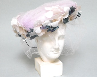 50s Vintage French Lilac Wedding Hat Bridal  Pin-up with Silk Flowers