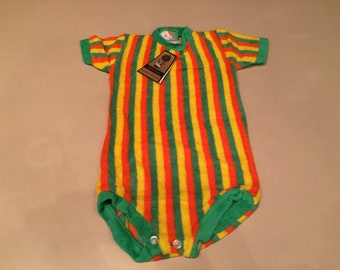 Vintage 1960s baby onesie bodysuit yellow-orange-green stripes size 3 still in the original packaging