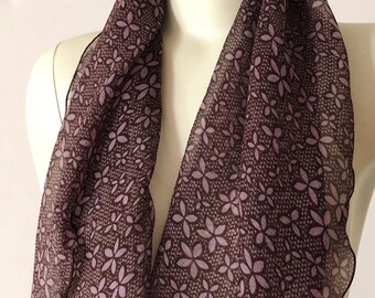 Silk scarf chiffon lilac blossom on chocolate brown creped pure silk