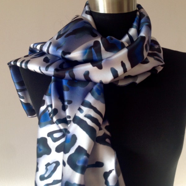 Silk scarf blue Leo/white , pure silk, animal print, scarf