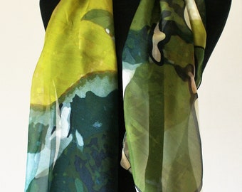 Silk scarf chiffon green, pure silk, shawl, scarf, stole