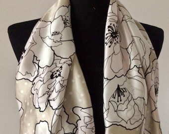 Silk scarf with floral print, white, cream, black, scarf, silk