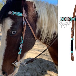 Multi color Beaded Brow band Light Western Leather Headstall Rawhide Braided Tack in Tan Color Leather Full size