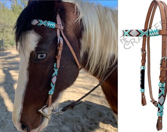 Multi color Beaded Brow band Light Western Leather Headstall Rawhide Braided Tack in Tan Color Leather Full size