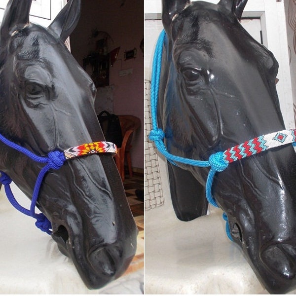 RSI Nylon Cowboy Rope Halter Horse Tack Equine Nose Band Cover de Beaded Inlay en azul cielo y azul marino