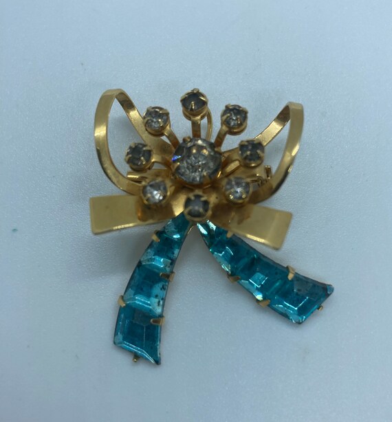 Vintage Bright Gold, Blue and Clear Bow Brooch