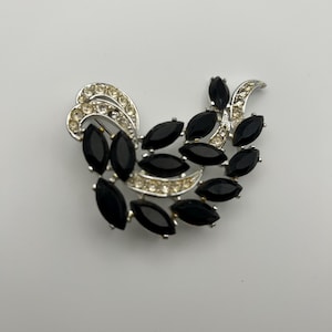 Vintage Abstract White Rhinestone and Black Brooch