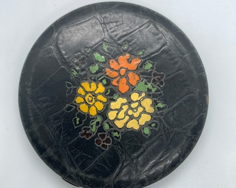Vintage Black Leather and Floral Compact