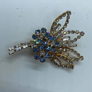 Vintage Clear and Blue Rhinestone Bouquet Brooch