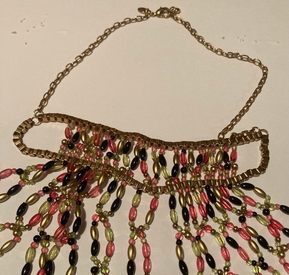 Vintage Statement Black, Gold and Pink Bib Neckla… - image 2