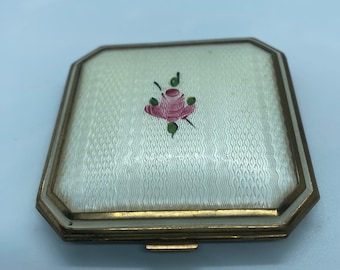 Antique Elgin American White Guilloche Enamel Rose Compact