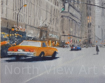 Original watercolour of a Big Yellow Taxi on a New York City street. A watercolour painting of a NYC yellow cab. Wall art of busy New York