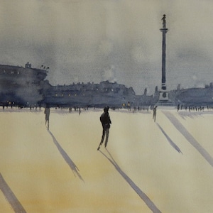 Original watercolour,Trafalgar Square, cityscape painting, sunset painting, figure painting, London wall art, London cityscape image 1