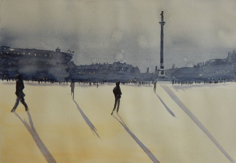 Original watercolour,Trafalgar Square, cityscape painting, sunset painting, figure painting, London wall art, London cityscape image 1