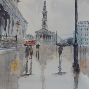 Digital download, watercolour painting, Trafalgar Square London, London cityscape, rainy day painting, umbrella painting, figure painting