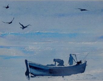 水彩画 「係留船」 オリジナル水彩画「係留中のはしけ、チズウィック」、ジョージ・ゴッド