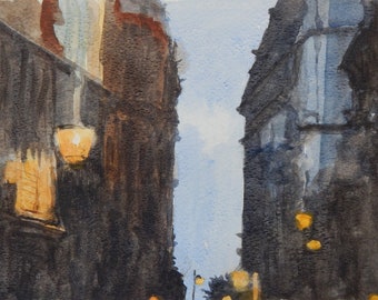 Original City Street Watercolour Painting – Nocturne (Evening Street Scene)