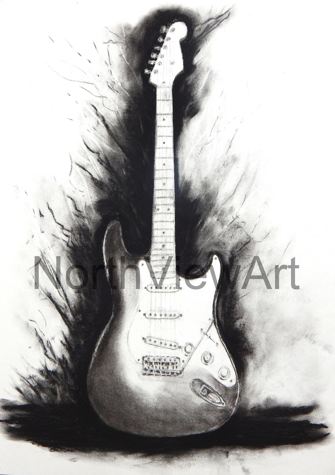 Stratocaster Guitar Charcoal Drawing. Fender Guitar Drawing in Black