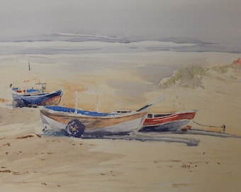 オリジナル水彩画「係留中のはしけ、チズウィック」、ジョージ・ゴッド