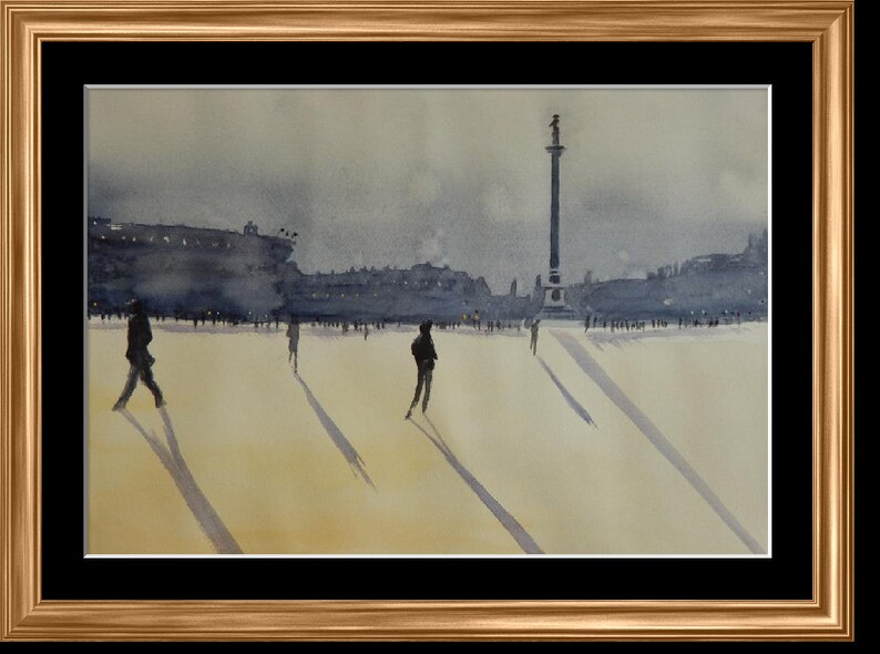 Original watercolour,Trafalgar Square, cityscape painting, sunset painting, figure painting, London wall art, London cityscape image 2