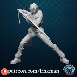 May include: A white 3D printed miniature of a person holding a sword. The person is wearing a long-sleeved shirt, pants, and a fur-lined collar. The sword is long and has a sharp point. The miniature is posed in a dynamic action pose.