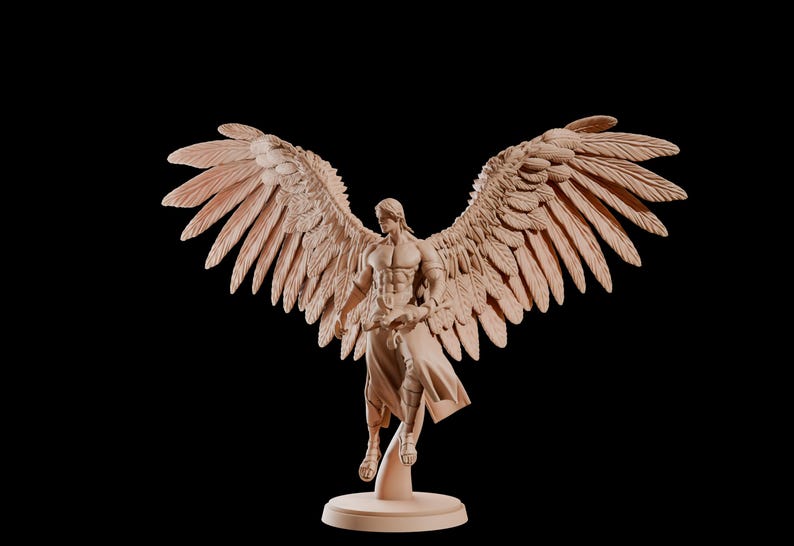 May include: A detailed sculpture of a winged figure with outstretched wings. The figure is nude, with a muscular physique, and stands on a circular base. The wings are large and detailed, with individual feathers. The sculpture is a light brown colour against a black background.