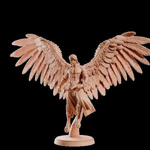 May include: A detailed sculpture of a winged figure with outstretched wings. The figure is nude, with a flowing garment and sandals. The wings are large and detailed. The sculpture is a light brown colour and stands on a circular base.