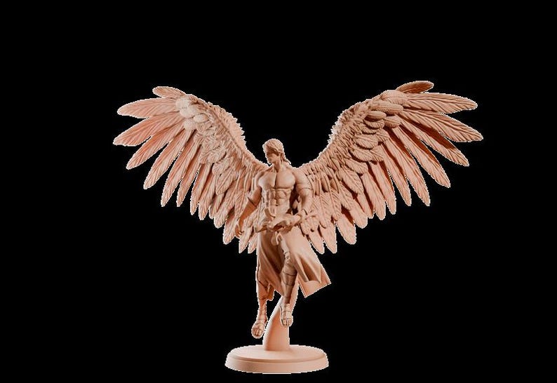May include: A detailed sculpture of a winged figure with outstretched wings. The figure is nude, with a flowing garment and sandals. The wings are large and detailed. The sculpture is a light brown colour and stands on a circular base.