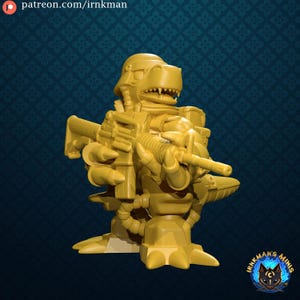 May include: A monochromatic yellow miniature figurine of a dinosaur wearing a military helmet and tactical gear, holding a rifle. The figure features a textured surface with visible mechanical details, including hoses and armor plating on the legs.