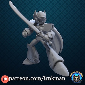 May include: A gray 3D printed figurine of a robot character wielding a large sword. The robot has a black helmet with a visor and a cape. The figurine is posed in a dynamic action stance.