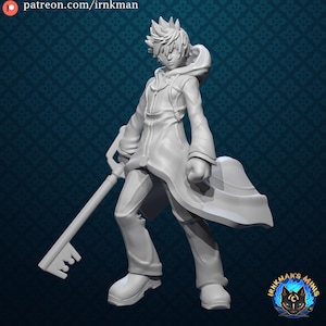 May include: A 3D-printed figurine of a character from the Kingdom Hearts video game series. The figure is in a dynamic pose, holding a key-shaped weapon. The character is wearing a long coat and has spiky hair. The figurine is a light gray color.
