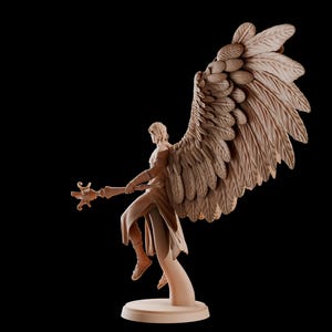 May include: A detailed sculpture of an angel with large, textured wings, holding a staff. The figure is in a dynamic pose, set against a black background. The sculpture is a light brown colour.