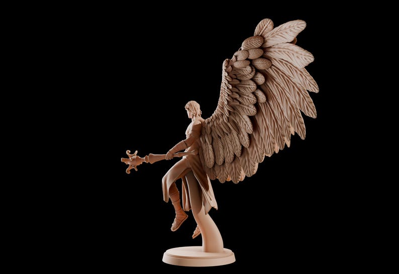 May include: A detailed sculpture of an angel with large, textured wings, holding a staff. The figure is in a dynamic pose, set against a black background. The sculpture is a light brown colour.