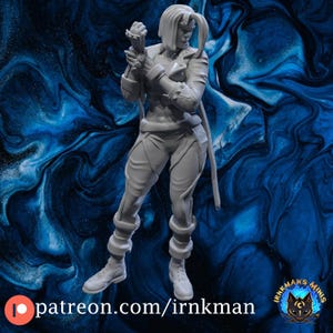 May include: A white 3D printed miniature of a female figure with short hair, wearing a leather jacket and pants. She is holding a weapon in her right hand. The miniature is set against a blue and white marbled background.