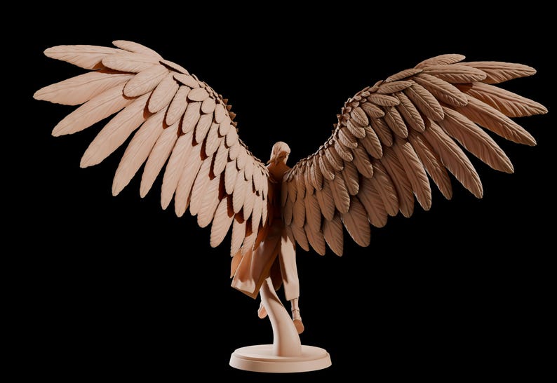 May include: A wooden sculpture of a figure with outstretched wings. The wings are detailed with individual feathers, and the figure is standing on a round base. The sculpture is a light brown colour against a black background.