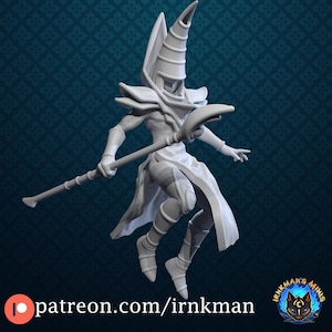 May include: A white 3D printed miniature of a wizard wearing a pointed hat and holding a staff. The wizard is in a flying pose with one leg extended forward and the other leg bent behind them. The miniature is detailed with intricate clothing folds and a staff with a crescent moon design.