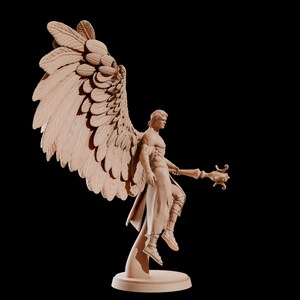 May include: A detailed sculpture of an angel with large, detailed wings. The figure is in a dynamic pose, holding a staff. The sculpture is a light brown colour and set against a black background.