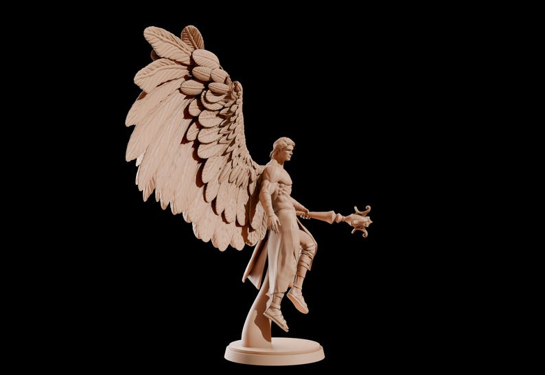 May include: A detailed sculpture of an angel with large, detailed wings. The figure is in a dynamic pose, holding a staff. The sculpture is a light brown colour and set against a black background.