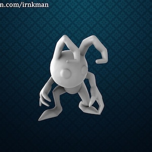 May include: A white 3D printed model of a cartoon creature with large ears, two eyes, and four legs. The creature is posed in a crouching position with its arms raised above its head.