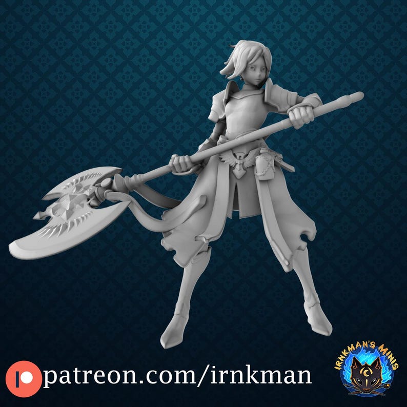 May include: A gray 3D printed miniature of a female figure holding a large axe. The figure is wearing armor and a long skirt. The axe has a large, ornate blade.