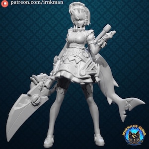 May include: A 3D-printed figurine of a female character in a detailed outfit, holding a large blade and a cylindrical object. The figure has short hair and is wearing a dress with intricate detailing. A fin-like structure extends from the back. The text "patreon.com/irnkman" is visible.