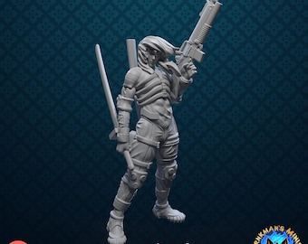 May include: A gray miniature figure of a futuristic warrior, holding a rifle and a sword. The figure is wearing armor and has long hair. The figure is standing on a blue patterned surface. The text "patreon.com/irnkman" is visible at the bottom.