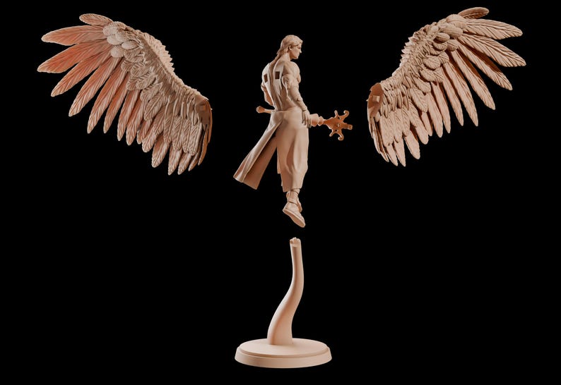 May include: A detailed sculpture of a figure with large, outstretched wings. The figure is in a flowing robe, holding a staff. The wings and figure are a light brown colour, set against a black background. The sculpture is on a stand.