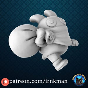 May include: A 3D-printed figurine of a cartoonish creature carrying a large sack. The figure is white and has large eyes, floppy ears, and a scarf. The text "patreon.com/irnkman" is at the bottom.