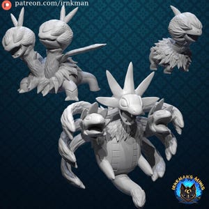 May include: Three gray 3D printed miniature figures of fantastical creatures. The first figure is a two-headed creature with a spiky mane. The second figure is a single-headed creature with a spiky mane and four arms. The third figure is a single-headed creature with a fluffy mane.