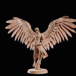 May include: A detailed sculpture of a winged figure with outstretched wings. The figure is nude, with a muscular physique and flowing drapery. The wings are large and feathered, and the sculpture is set against a black background.