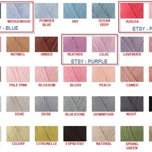 May include: A color chart of yarn samples with names like Indigo, Wedgewood, Powder Blue, Sky, Ocean Deep, Azalea, Blossom, Coral, Nutmeg, Umber, Heather, Lilac, Lavender, Rose, Raisin, Pale Pink, Blossom, Blush, Peach, Cameo, Canyon, Silver, Dove, Dusk, Bluestone, Downpour, Night, Pitch, Buttermilk, Celery, Citronelle, Espresso, Natural, Spring Green, and Thyme. The chart includes the text "Etsy - Blue", "Etsy - Pink", and "Etsy - Purple".
