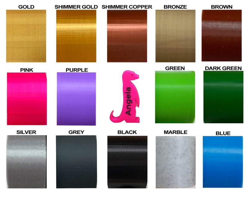 K&ouml;nnte beinhalten: Eine Farbkarte mit 15 verschiedenen Farben von Kunststoff-Filament f&uuml;r den 3D-Druck. Die Farben umfassen Gold, Schimmergold, Schimmerkupfer, Bronze, Braun, Pink, Lila, Gr&uuml;n, Dunkelgr&uuml;n, Silber, Grau, Schwarz, Marmor und Blau.